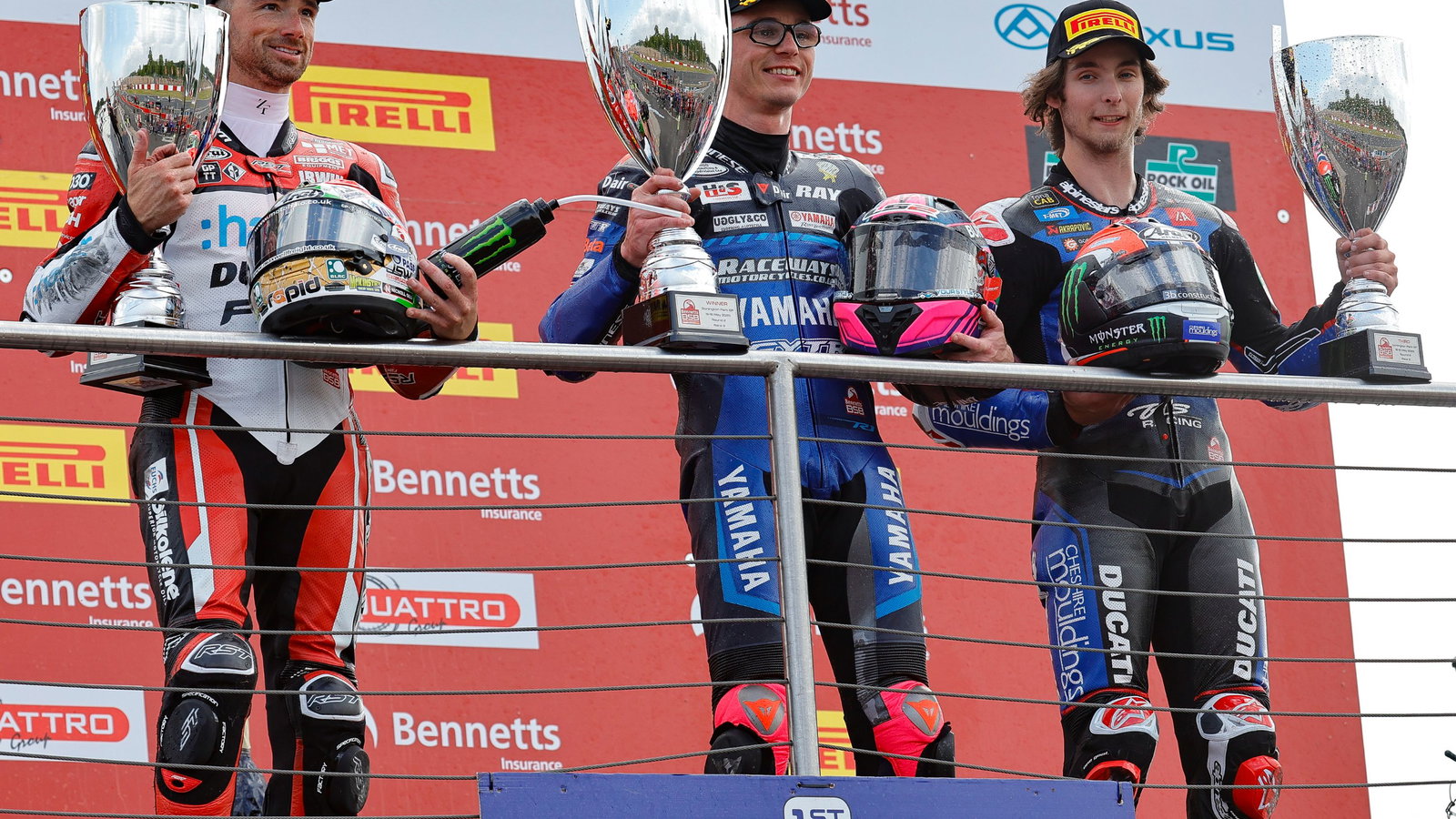 Bradley Ray, BSB, Donington Park, podium, 2025, with Skinner and Irwin